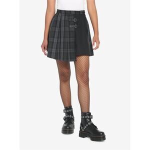 Hot Topic Black & Grey Plaid Buckle Pleated Skirt Grunge Dark Academia XS